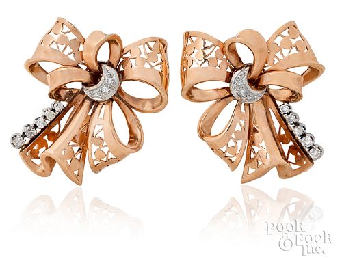 14k rose gold clip-on bow earrings