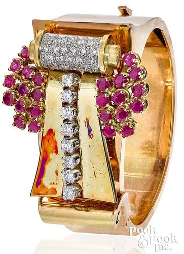 14k yellow gold, ruby, and diamond bangle bracelet