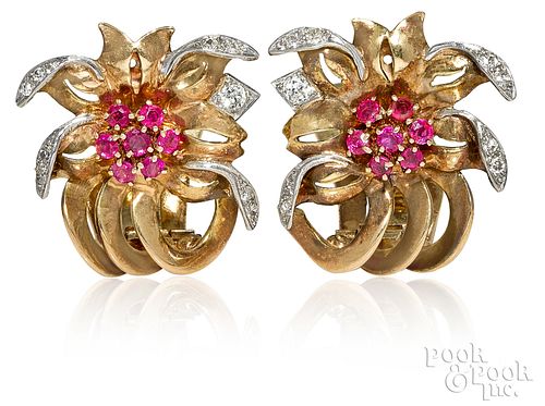 14k gold diamond and ruby clip on earrings