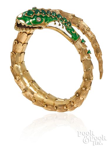 14k yellow gold, diamond and emerald bracelet