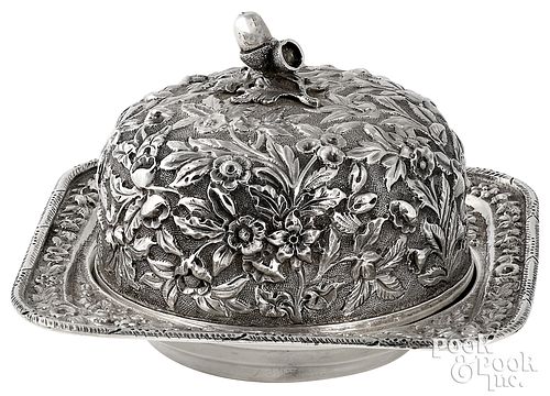 Repousse sterling silver butter dish and cover