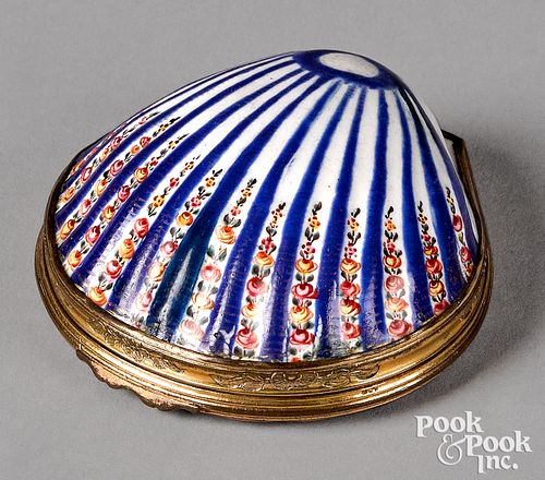 English enamel shell-form box, 18th c.