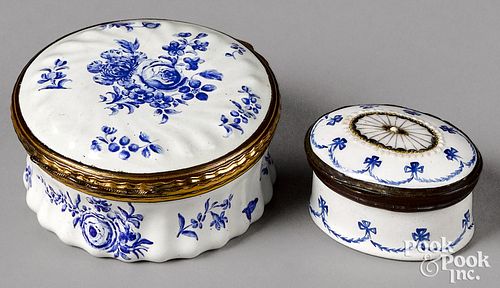 Two English blue and white enamel boxes, 18th c.,