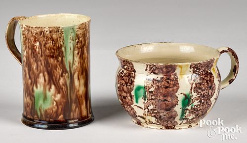 Two Staffordshire tortoiseshell glaze mugs