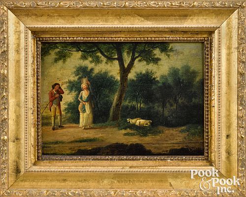 Pair of Continental oil on panel courting scenes