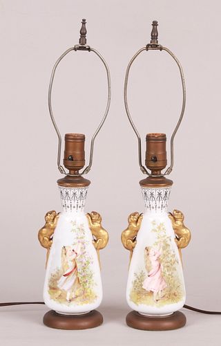 A Pair of Unusual Porcelain Victorian Lamps