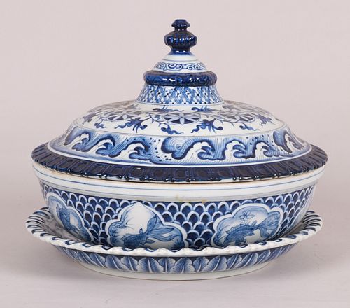 A Chinese Blue and White Covered Server and Stand