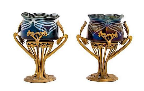 * A Pair of Austrian Glass and Gilt Metal Mounted Vases, Height 11 1/4 inches.
