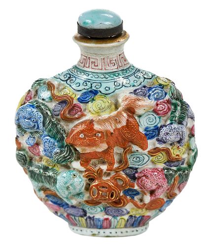 Chinese Porcelain Snuff Bottle With Foo Dogs