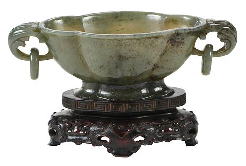 Chinese Carved Jade Marriage Bowl with Stand
