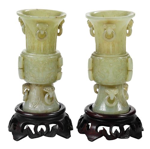Pair of Chinese Jade or Hardstone Gu Form Vases