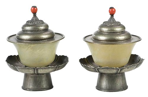 Pair of Tibetan Jade or Hardstone Covered Bowls