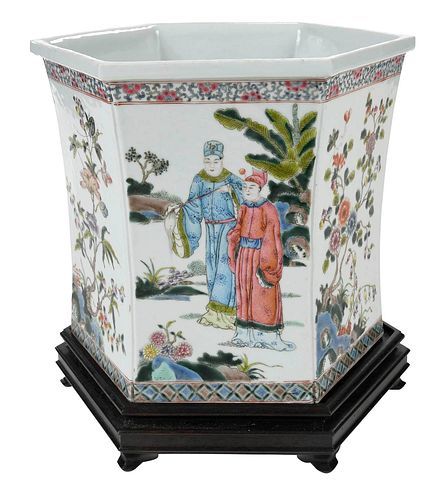 Chinese Enamel Decorated Porcelain Cachepot on Stand