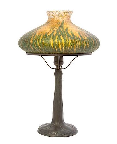 * A Handel Mosserine Table Lamp, Height overall 19 x diameter of shade 12 inches.