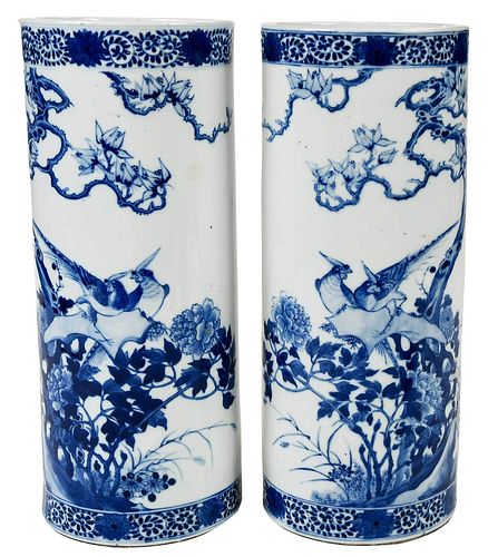 Pair of Chinese Blue and White Cylindrical Vases