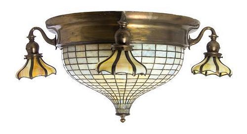 A Handel Leaded Glass and Brass Ceiling Mount Fixture, Diameter 36 inches.