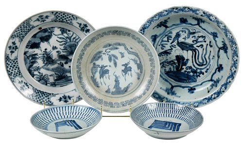 Five Chinese Blue and White Pottery Bowls
