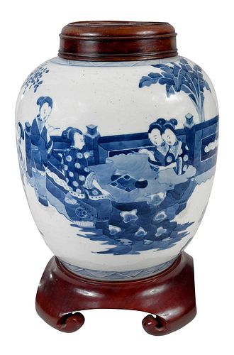 Chinese Blue and White Porcelain Jar with Wood Lid