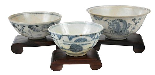 Three Chinese Underglaze Blue Porcelain Bowls, Stands