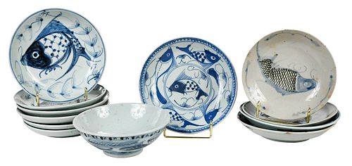 Group of Asian Blue and White Fish Plates and Bowl