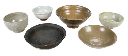 Six Chinese Celadon and Bronze Glazed Pottery Bowls