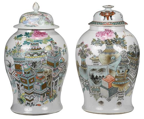 Near Pair Chinese Famille Verte Lidded Vases