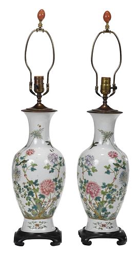 Pair of Chinese Famille Rose Porcelain Vases, as Lamps