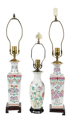 Three Chinese Famille Rose Vases, as Lamps