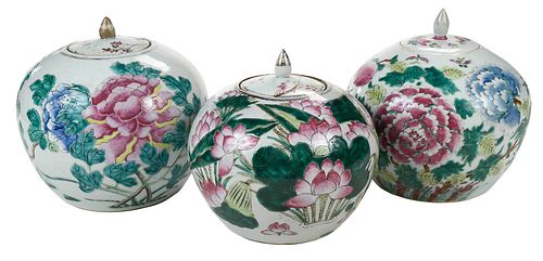 Three Chinese Famille Rose Lidded Jars