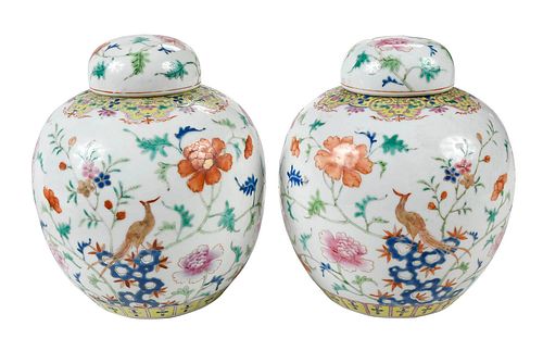 Pair Chinese Famille Rose Lidded Ginger Jars