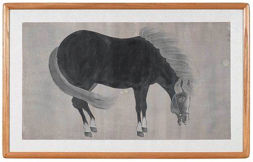 Framed Chinese Ink on Silk Horse Painting