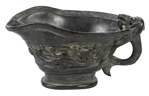 Chinese Bronze Libation Cup with Chilong Decoration