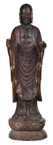 Tibetan Carved, Painted, and Gilt Wood Lohan Statue 