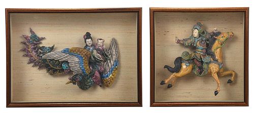 Two Polychrome Ceramic Roof Tiles in Shadowbox Frames