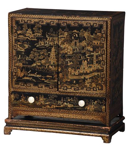 Chinese Lacquered and Gilt Cabinet on Stand