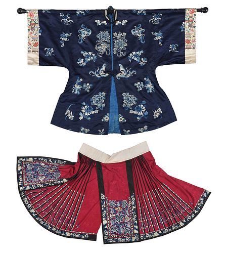 Chinese Blue Robe and Red Silk Skirt