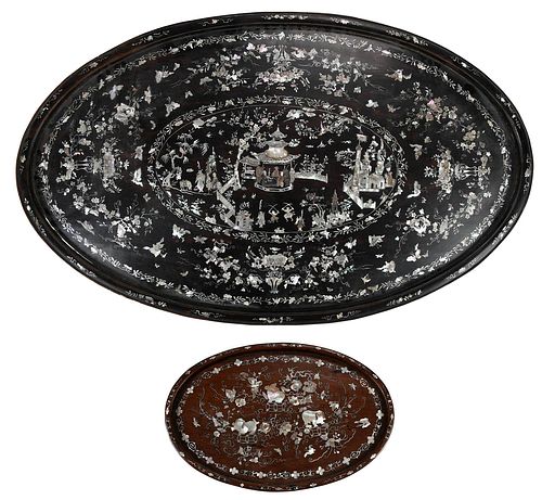Two Chinese Hongmu and Mother of Pearl Inlaid Trays