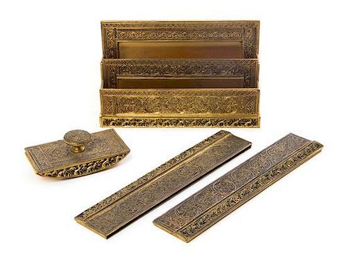 * A Tiffany Studios Dore Bronze Four-Piece Desk Set, Width of first 10 inches.