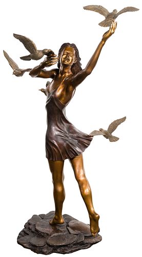 Richard Hallier (American, 1944-2010) 'Girl with Doves' Bronze Statue
