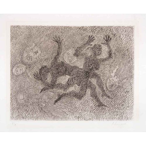 JUAN SORIANO, Mujeres y medusas, de la carpeta Cinco lecturas del mundo de Juan Rulfo Firmado Grabado P/A, 36 x 45 cm