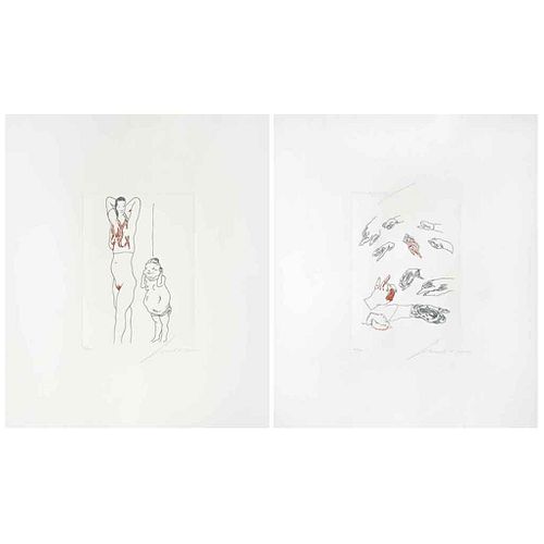 JOSÉ LUIS CUEVAS, a) Estudio de manos,1974 b) Pareja, 1974, Firmados Grabados al azúcar 23/100 y 18/100 28 x 20.5 cm / 59 x 60 cm papel