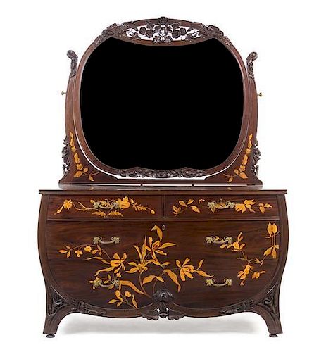 An Art Nouveau Mahogany and Marquetry Chest of Drawers with Mirror, Height 73 x width 55 1/4 x depth 23 1/2 inches.