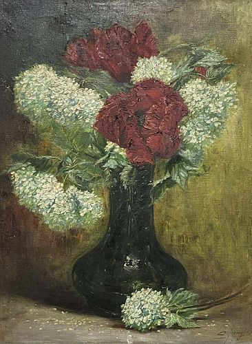 1920's French Impressionist Still Life White & Red Flowers in Vase oil on canvas