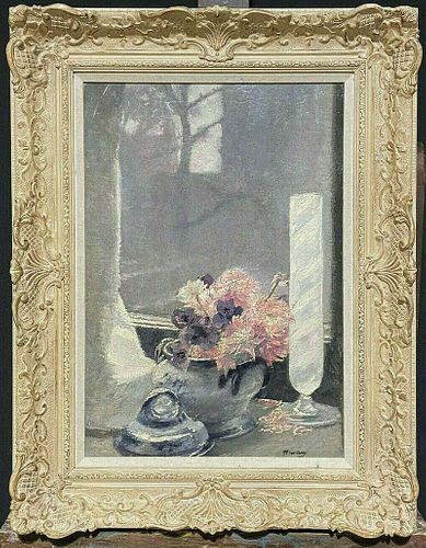 1930'S FRENCH IMPRESSIONIST SIGNED OIL - BEAUTIFUL FLOWERS ON WINDOW SILL VIEW