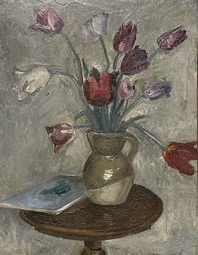 Mid 20th Century French 1950's French Signed Post-Impressionist Oil Tulips in Vase, Muted Earthy Colors