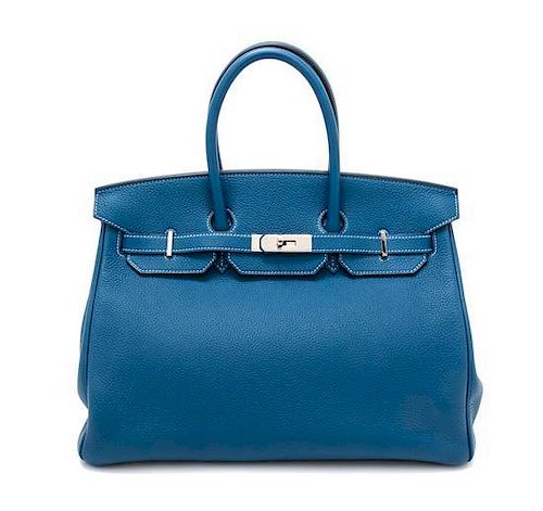 An Hermes Bleu Galice Togo 35cm Birkin Handbag, 14" x 10" x 7".
