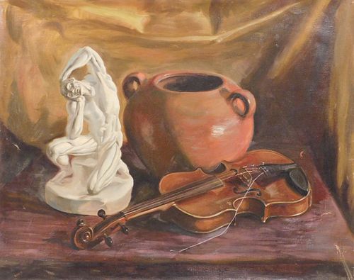 Still Life Painting ( Marble Sculpture, Broken Violin, and Terracotta Pot)