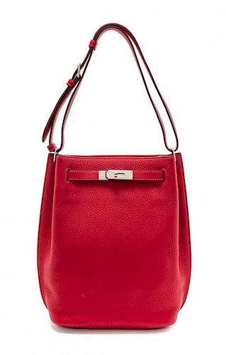 An Hermes Rouge Casaque Taurillon Clemence 22cm So-Kelly Handbag, 9" x 11" x 4.5".