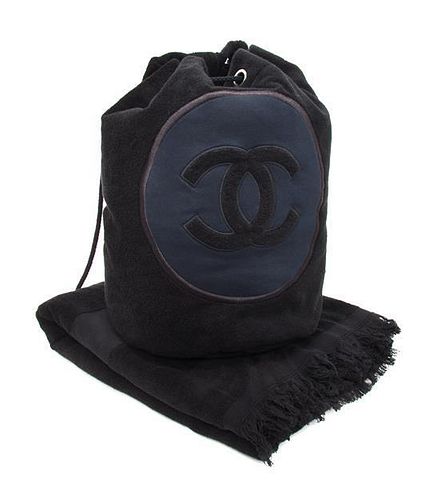A Chanel Black Terry Cloth Drawstring Pool Bag, 18" x 18".