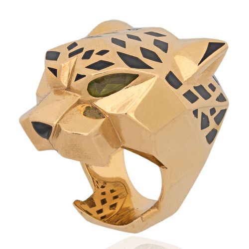 Cartier Panthere 18k Gold Peridot Onyx Enamel Ring